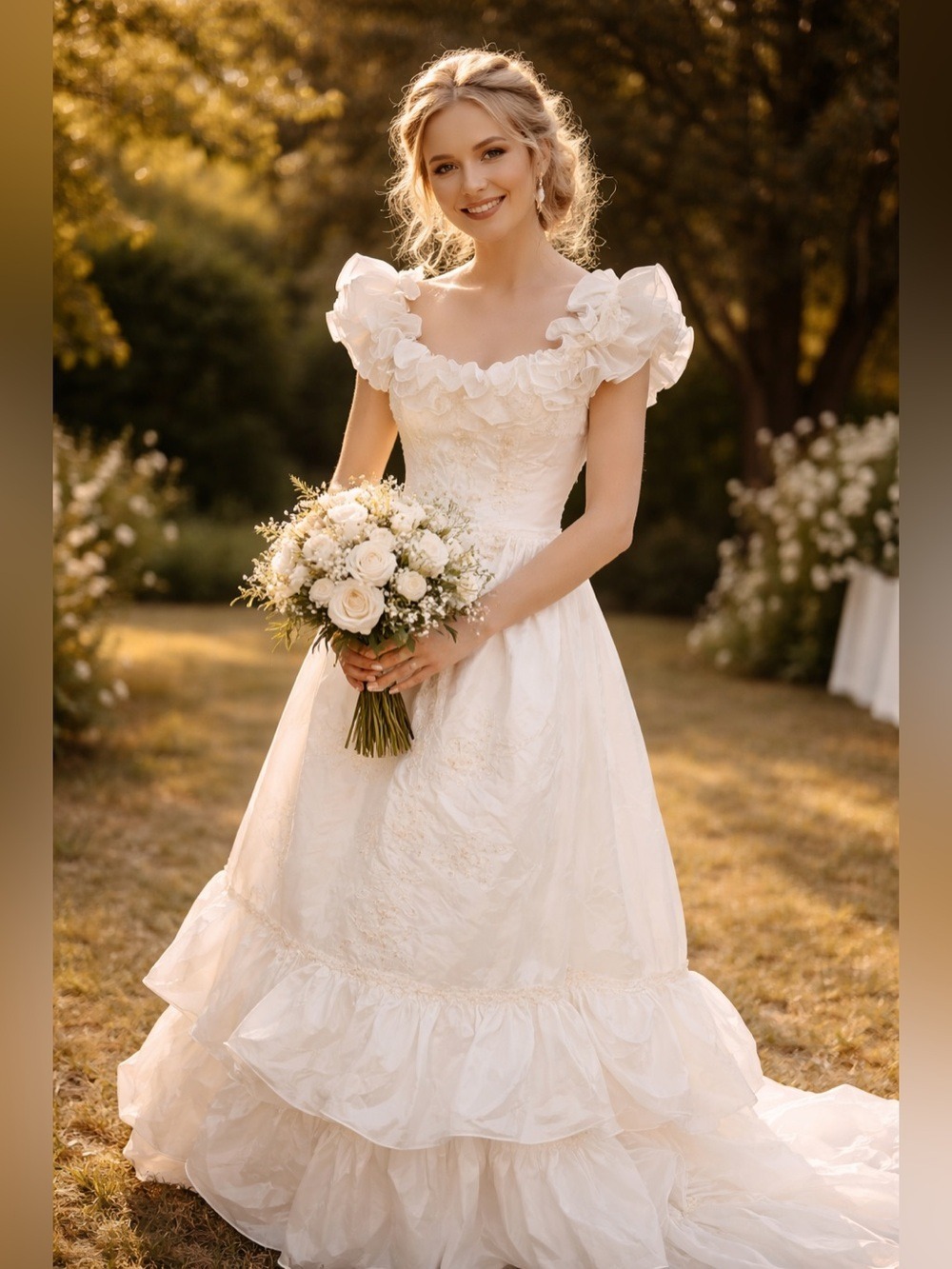 Vintage 80s 90s Mermaid Wedding Dress Dramatic Ruffled Train Bow and Roses